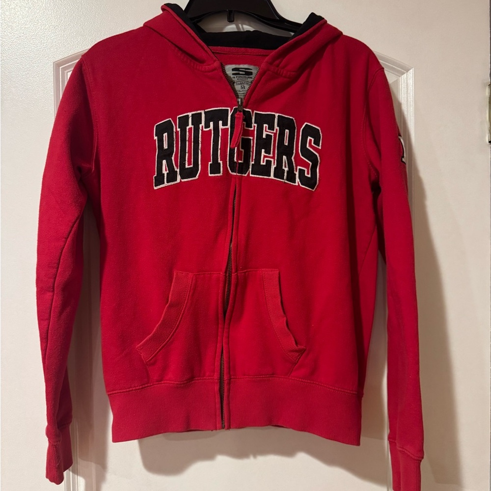 Rutgers Stadium Athletics Red Zip-Up Hoodie with Black Lettering